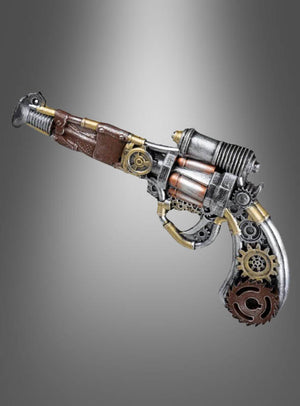 Die futuristische Steampunk-Pistole mit metallischen Zahnrädern, Spulen und braunen Lederakzenten im Steampunk-Stil ist das perfekte Accessoire für jedes Endzeit- oder Steampunk-Kostüm – hier vor einem grauen Hintergrund mit Farbverlauf abgebildet.
