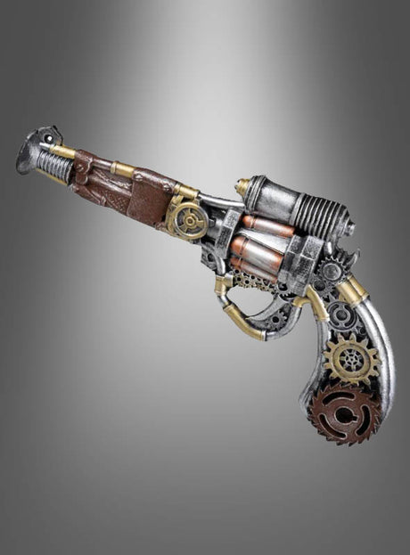 Die futuristische Steampunk-Pistole mit metallischen Zahnrädern, Spulen und braunen Lederakzenten im Steampunk-Stil ist das perfekte Accessoire für jedes Endzeit- oder Steampunk-Kostüm – hier vor einem grauen Hintergrund mit Farbverlauf abgebildet.
