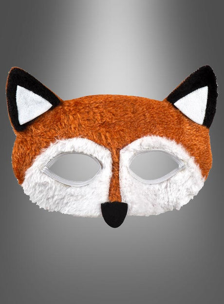 Eine Fuchs-Augenmaske mit Plüsch für Kinder und Erwachsene, mit spitzen Ohren, weißen Ausschnitten für die Augen und einer schwarzen Nase, wird vor einem grauen Hintergrund mit Farbverlauf gezeigt – ideal für Kostüme (Verkleidung) für Kinder.