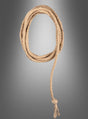Ein aufgerolltes Stück des „Western Lasso Seil“ in der Länge von 185 cm in der Farbe „Tan“ mit einem einfachen Knoten an einem Ende ist vor einem neutralen grauen Hintergrund abgebildet.