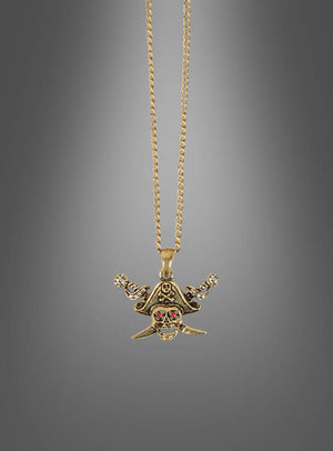 Goldfarbene „Piraten-Totenkopf-Kette“ mit einem Anhänger in Form eines Piratenschädels mit gekreuzten Knochen, leuchtend roten Edelsteinaugen und einem schwarzen Piratenhut – vor einem grauen Farbverlauf. Ein auffälliges Piratenschmuckstück, ideal zur Vervollständigung deines Seeräuberbraut-Kostüms.
