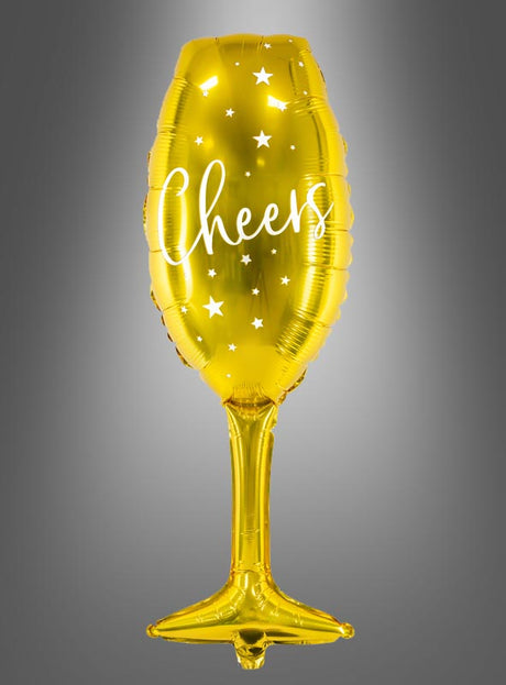 Der Folienballon „Sektglas Champagner Partydeko“ ist ein goldfarbener Folienballon in Form eines Sektglases, verziert mit weißen Sternen und dem Schriftzug „Cheers“ vor einem grauen Farbverlaufshintergrund – damit ist er eine elegante Ergänzung für Ihre Silvester-Partydeko oder Ihre 20er-Jahre-Party.