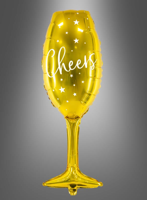 Der Folienballon „Sektglas Champagner Partydeko“ ist ein goldfarbener Folienballon in Form eines Sektglases, verziert mit weißen Sternen und dem Schriftzug „Cheers“ vor einem grauen Farbverlaufshintergrund – damit ist er eine elegante Ergänzung für Ihre Silvester-Partydeko oder Ihre 20er-Jahre-Party.