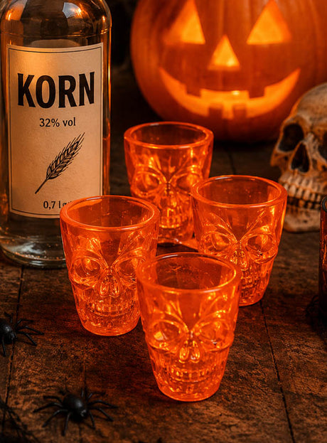 Eine Flasche mit der Aufschrift „Korn“, vier Schnapsgläser mit Totenkopf-Motiv (à 50 ml), ein geschnitzter Kürbis, ein Totenkopf und künstliche Spinnen auf einer Holzunterlage – perfekte Deko-Akzente für deine Halloween-Party.
