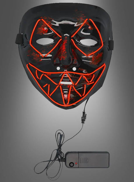 LED-Killer-Maske „Purger“ aus schwarzem Kunststoff mit einer unheimlichen roten LED-Lichtumrandung, gruseligen Gesichtszügen und einem angebrachten Akku mit Kabel, dargestellt vor grauem Hintergrund – ideal als schaurige Halloween-Maske oder LED-Horror-Maske für Ihre nächste Kostümparty.