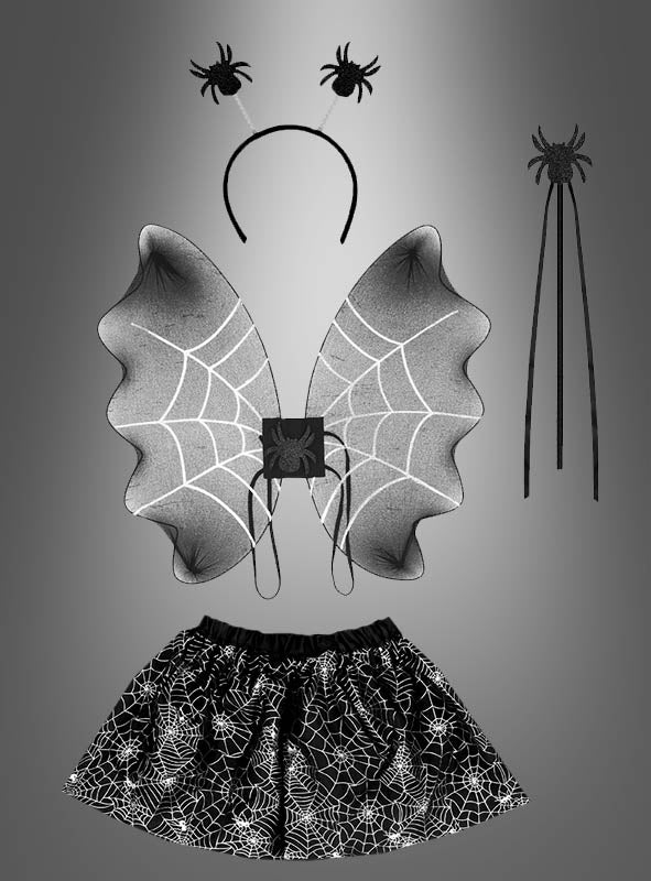 Ein Spinnen-Kostüm-Set für Kinder in Schwarz, ideal als Halloween-Kostüm für Mädchen, umfasst Flügel, einen Rock, einen Haarreif mit Spinnen und einen Zauberstab – alles mit Netzmuster – präsentiert vor grauem Hintergrund.