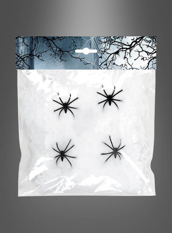 Eine durchsichtige Plastikverpackung enthält 60 g „Halloween Spinnennetz Super Stretch“ – künstliches Spinnennetzmaterial – sowie vier schwarze Plastikspinnen auf grauem Hintergrund, wodurch sich das Set perfekt für Spinnennetz-Dekorationen oder als Teil Ihrer Halloween-Dekoration eignet.