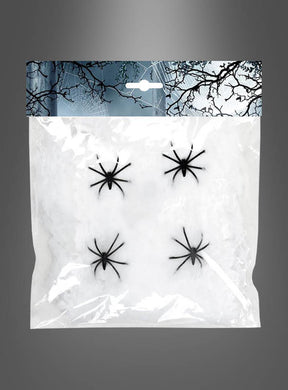 Eine durchsichtige Plastikverpackung enthält 60 g „Halloween Spinnennetz Super Stretch“ – künstliches Spinnennetzmaterial – sowie vier schwarze Plastikspinnen auf grauem Hintergrund, wodurch sich das Set perfekt für Spinnennetz-Dekorationen oder als Teil Ihrer Halloween-Dekoration eignet.