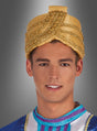 Ein Mann, der einen goldenen, mit Edelsteinen verzierten „Goldener Wüstenprinz“-Turban und ein blaues, goldbesetztes „Turban-Sultan“-Kostüm trägt, steht vor einem grauen Hintergrund mit Farbverlauf.