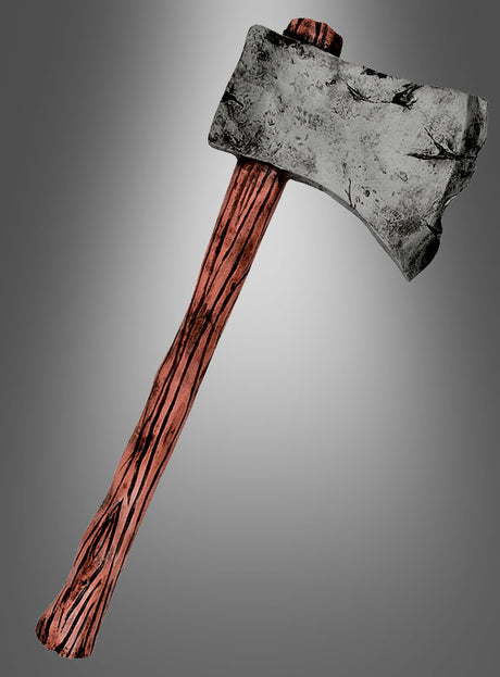 Die „Große Axt Deluxe 49 cm“ verfügt über eine Klinge in grober, grauer Steinoptik und einen Holzgriff, die vor einem grau abgestuften Hintergrund präsentiert werden, und ist als Polsterwaffe konzipiert, die sich perfekt für LARP-Veranstaltungen eignet.