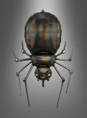 Ein metallischer, spinnenförmiger Ballon mit einer glänzenden, regenbogenfarbenen Oberfläche schwebt vor einem grauen Hintergrund mit Farbverlauf – perfekt als „Aufblasbare Spinne 101 cm Folienballon als Halloween-Deko“ für Ihre nächste Halloween-Party.