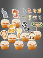 Neun Cupcakes mit weißer Glasur, jeweils verziert mit einem Partypicker aus dem Set „24 St. Partypicker Zootiere“, das Cartoon-Dschungeltiere und Warnschilder mit der Aufschrift „Vorsicht, wilde Tiere“ auf Zahnstochern enthält – die perfekte Kindergeburtstagsdekoration für jede Feier zum Thema Tiere.