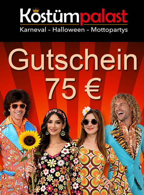 Vier Erwachsene in farbenfrohen Retro-Kostümen stehen unter der Aufschrift „Geschenkgutschein 75 Euro“ für einen Geschenkgutschein von Kostümpalast. Der leuchtend rote Hintergrund mit Sonnenstrahlen macht diesen Gutschein zum idealen Geschenk für alle, die mit außergewöhnlichen Karnevalskostümen oder ausgefallenen Kostümaccessoires feiern möchten.