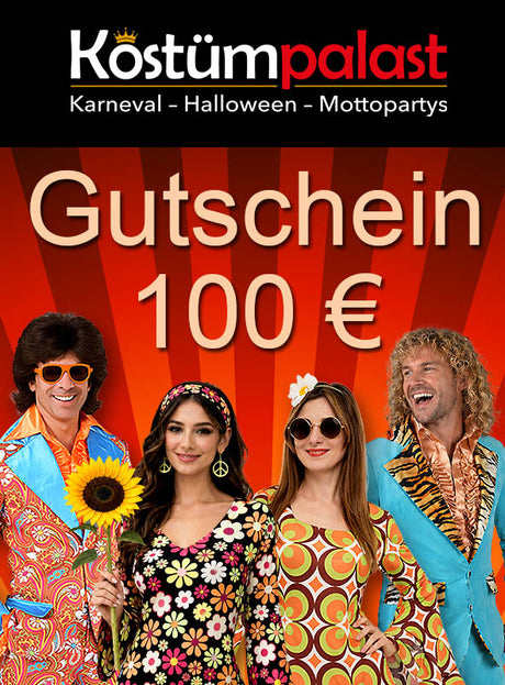 Vier Erwachsene in farbenfrohen Retro-Kostümen stehen vor einem schwarz-roten Hintergrund unter der Aufschrift „Kostümpalast Gutschein 100 €“ und präsentieren den Geschenkgutschein im Wert von 100 Euro – ein perfektes Geschenk für alle, die in diesem lebhaften Kostümgeschäft nach Karnevalskostümen oder der idealen Halloween-Verkleidung suchen.