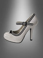 Rockabilly-Pumps mit Schleife, Größe 37: Weiße High Heels mit schwarzer Sohle, schwarzer Schleife an der Spitze, doppelten schwarzen Streifen und doppeltem Riemenverschluss – präsentiert vor einem grauen Farbverlauf. Diese stilvollen Retro-Schuhe verleihen jedem Outfit einen Hauch von Vintage-Charme.