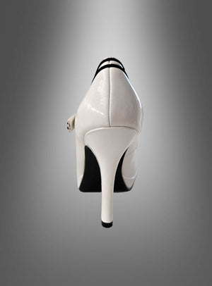 Ein Paar Rockabilly-Pumps mit Schleife in Größe 37 wird von hinten vor einem grauen Farbverlaufshintergrund gezeigt. Die Schuhe zeichnen sich durch einen weißen hohen Absatz mit schwarzer Sohle aus, der klassischen Charme versprüht und an Vintage-High-Heels erinnert.