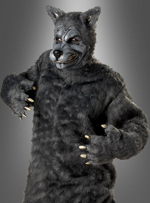 Eine Person trägt das „Böser Wolf“-Kostüm für Herren, das aus grauem Fell, Krallen und einer detailreichen Maske besteht, und posiert mit erhobenen Händen vor einem einfarbigen grauen Hintergrund.
