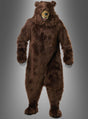 Eine Person, die das „Grizzly Bär Kostüm braun Deluxe“ mit Motion-Maske trägt – mit scharfen Krallen und einem Ausdruck mit offenem Maul –, steht vor einem grauen Hintergrund.
