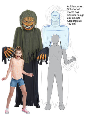 Ein junges Mädchen steht überrascht neben einem riesigen Horror-Kürbis-Kostüm oder einer Dekoration (ca. 240 cm) in Form eines furchterregenden Kürbismonsters, wobei Text und Abbildungen die aufblasbaren Schultern und Maße des Halloween-Kostüms zeigen.
