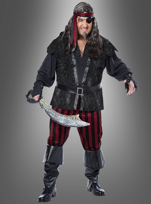 Eine als Pirat verkleidete Person mit Augenklappe, langen Haaren, Stirnband, schwarzem Hemd, gestreifter Hose, Stiefeln und einem Krummsäbel – dieses klassische XXL-Kapitän-Klaas-Piraten-Outfit ist perfekt für dein nächstes Piratenparty-Kostüm.