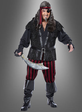 Eine als Pirat verkleidete Person mit Augenklappe, langen Haaren, Stirnband, schwarzem Hemd, gestreifter Hose, Stiefeln und einem Krummsäbel – dieses klassische XXL-Kapitän-Klaas-Piraten-Outfit ist perfekt für dein nächstes Piratenparty-Kostüm.