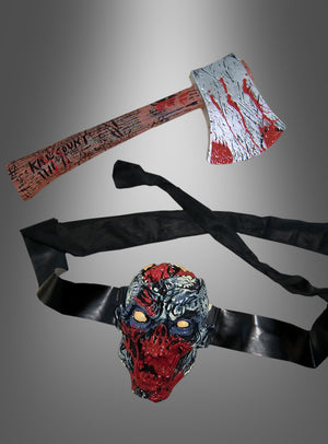 Die „Axt des Zombiejägers mit Schädelgürtel“ – eine blutbefleckte Axt und ein grotesker, rot-schwarzer Zombie-Kopf mit Riemen – wird eindrucksvoll vor einem grauen Farbverlauf präsentiert.