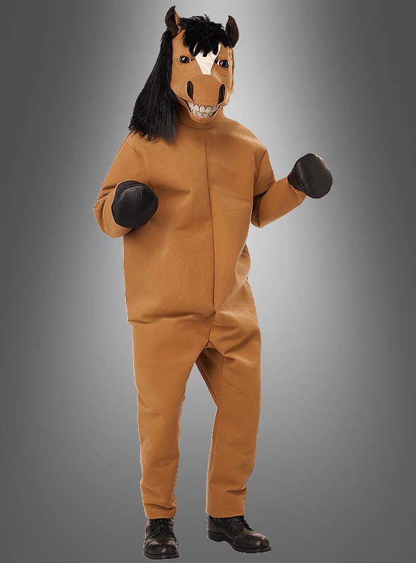 Eine Person, die das „Pferd-Kostüm Unisex mit Ani-Motion-Maske“ trägt – ein braunes Ganzkörper-Pferdekostüm mit schwarzer Mähne, weißer Gesichtszeichnung und übergroßen Handschuhen –, steht vor einem grauen Hintergrund mit Farbverlauf. Die Ani-Motion-Maske verleiht diesem bezaubernden Tierkostüm ausdrucksstarke Details.