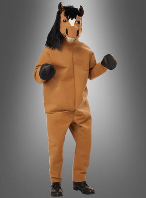 Eine Person, die das „Pferd-Kostüm Unisex mit Ani-Motion-Maske“ trägt – ein braunes Ganzkörper-Pferdekostüm mit schwarzer Mähne, weißer Gesichtszeichnung und übergroßen Handschuhen –, steht vor einem grauen Hintergrund mit Farbverlauf. Die Ani-Motion-Maske verleiht diesem bezaubernden Tierkostüm ausdrucksstarke Details.