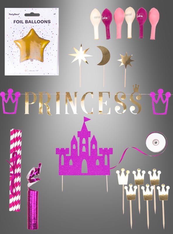 Prinzessinnen-Geburtstagsset mit 31 Teilen in Rosa und Gold, inklusive Banner, Folienballons, Tortenfiguren, Strohhalmen, Tröte und Band – stilvoll auf grauem Hintergrund arrangiert und ideal für jede Prinzessinnen-Geburtstagsparty.