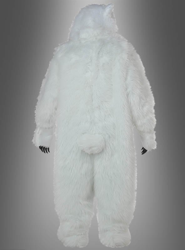 Eine Person, die das „Eisbär-Kostüm Deluxe lebensecht weiß“ trägt – ein lebensgroßes, naturgetreues weißes Bärenkostüm –, wird von hinten vor einem schlichten grauen Hintergrund fotografiert. Das Deluxe-Maskottchen besticht durch sein detailreiches Fell und seine realistische Silhouette.