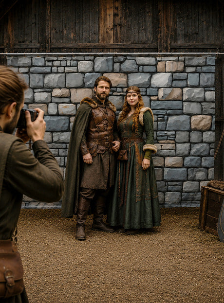 Ein Fotograf hält einen Mann und eine Frau in mittelalterlichen Kostümen fest, die gemeinsam vor dem bedruckten Steinwand-Hintergrund (190 x 300 cm, waschbar) stehen, der der Szene einen authentischen Touch verleiht.