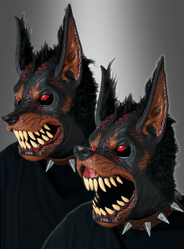 Zwei Personen, die schwarze und braune „Höllenhund Ani-Motion“-Masken tragen – knurrende Werwolfmasken mit roten Augen, scharfen Reißzähnen und Stachelhalsbändern –, stehen vor einem grauen Hintergrund mit Farbverlauf.