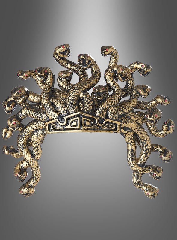 Ein goldfarbener Medusa-Schlangen-Kopfschmuck mit mehreren ineinander verschlungenen Schlangenköpfen mit roten Augen, der an die mythologische Medusa erinnert – ein auffälliges Stück Medusa-Haarschmuck.