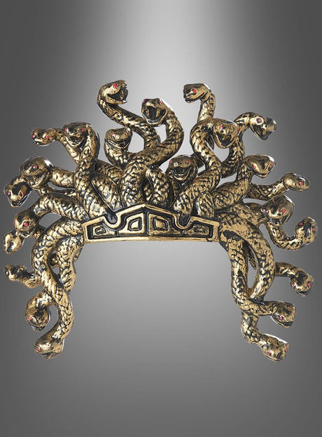 Ein goldfarbener Medusa-Schlangen-Kopfschmuck mit mehreren ineinander verschlungenen Schlangenköpfen mit roten Augen, der an die mythologische Medusa erinnert – ein auffälliges Stück Medusa-Haarschmuck.