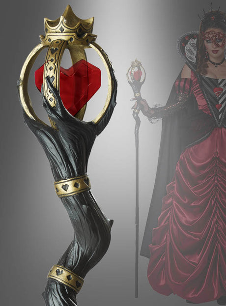 Halten Sie das Zepter „Königin der Herzen“ (150 cm) in den Händen – ein beeindruckendes schwarz-goldenes Zepter, verziert mit einem roten Herzen, das von einem dramatischen, klauenartigen Design umrahmt wird. Dieses Accessoire eignet sich perfekt als Ergänzung zu einem Damenkostüm, rundet jedes Herzkönigin-Kostüm ab und verleiht Ihrem königlichen Outfit einen majestätischen Touch.