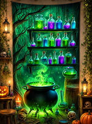 Vor leuchtenden Regalen voller Zaubertränke ist ein schwarzes, waschbares „UV Hexenkessel“-Wandbild (100 x 185 cm) zu sehen, über dem grüner Rauch aufwirbelt – so entsteht eine zauberhafte Halloween-Dekoration mit Kürbissen, Totenköpfen und Fläschchen. Der lebhafte UV-Effekt erweckt das waschbare Wandbild zum Leben und verleiht ihm einen wahrhaft bezaubernden Charme.