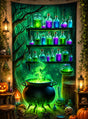 Vor leuchtenden Regalen voller Zaubertränke ist ein schwarzes, waschbares „UV Hexenkessel“-Wandbild (100 x 185 cm) zu sehen, über dem grüner Rauch aufwirbelt – so entsteht eine zauberhafte Halloween-Dekoration mit Kürbissen, Totenköpfen und Fläschchen. Der lebhafte UV-Effekt erweckt das waschbare Wandbild zum Leben und verleiht ihm einen wahrhaft bezaubernden Charme.