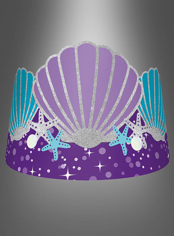 8er-Set „Meerjungfrau-Kronen“ aus Pappe in Lila und Blau, verziert mit Muscheln, Seesternen und Glitzerakzenten auf einem Hintergrund mit sanftem Farbverlauf – ideal für eine zauberhafte Meerjungfrauen-Party oder einen magischen Kindergeburtstag.