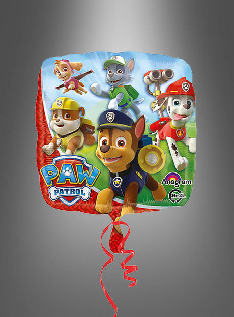 Quadratischer „Paw Patrol“-Folienballon, 43 cm, mit fünf Figuren aus der Zeichentrickserie „Paw Patrol“ in Uniform, komplett mit einer roten Schleife am unteren Rand und vor einem grau abgestuften Hintergrund – ideal als „Paw Patrol“-Dekoration und als lustiges Accessoire für Kindergeburtstagsfeiern.