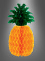Eine 29 cm große „Ananas-Tischdeko aus Papier“ mit einem gelben Wabenkörper und einem grünen, blättrigen Oberteil vor einem grau verlaufenden Hintergrund – perfekt als farbenfrohe Sommerdeko für tropische Feste.