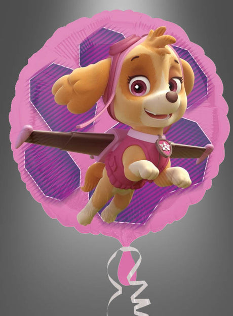 Ein „Paw Patrol“-Folienballon mit Skye und Everest (43 cm) für Mädchen, mit einem süßen Cartoon-Welpen im Pilotenoutfit und mit Pilotenbrille vor einem Hintergrund mit Sechseckmuster – perfekt für kleine Fans abenteuerlustiger Hunde!.
