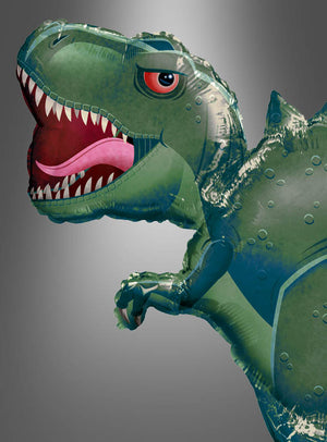 T-Rex-Folienballon „Dinosaurier“, 91 x 76 cm: Grüner Dinosaurier-Ballon mit scharfen Zähnen, roter Zunge und verspieltem Cartoon-Design vor einem grauen Farbverlauf – der perfekte Partyballon für einen lustigen Dino-Kindergeburtstag.