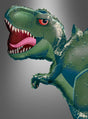T-Rex-Folienballon „Dinosaurier“, 91 x 76 cm: Grüner Dinosaurier-Ballon mit scharfen Zähnen, roter Zunge und verspieltem Cartoon-Design vor einem grauen Farbverlauf – der perfekte Partyballon für einen lustigen Dino-Kindergeburtstag.