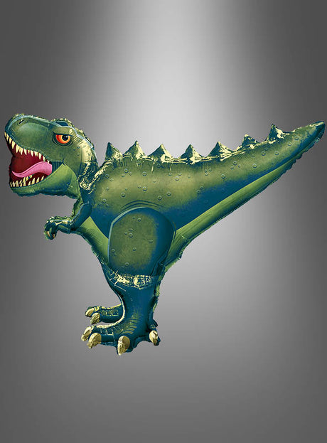Der T-Rex-Folienballon „Dinosaurier“ (91 x 76 cm) zeigt einen grünen Dinosaurier mit offenem Maul, scharfen Zähnen und einem genoppten Rücken vor einem schlichten grauen Hintergrund mit Farbverlauf – damit ist er der perfekte Folienballon für jeden Dino-Kindergeburtstag.