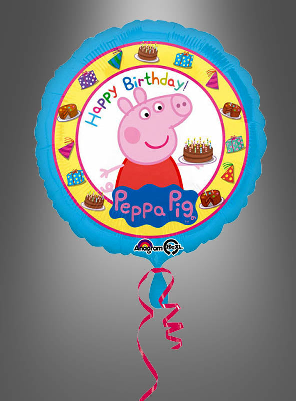 Feiern Sie stilvoll mit dem farbenfrohen Peppa Pig-Folienballon „Happy Birthday“ (43 cm), auf dem in der Mitte Peppa Pig mit einer Geburtstagstorte zu sehen ist, umgeben von Motiven wie Torten und Partyhüten. Dieser runde Ballon ist mit einem blauen Rand verziert und wird durch ein rosa Band abgerundet – perfekt für jede Geburtstagsfeier!.