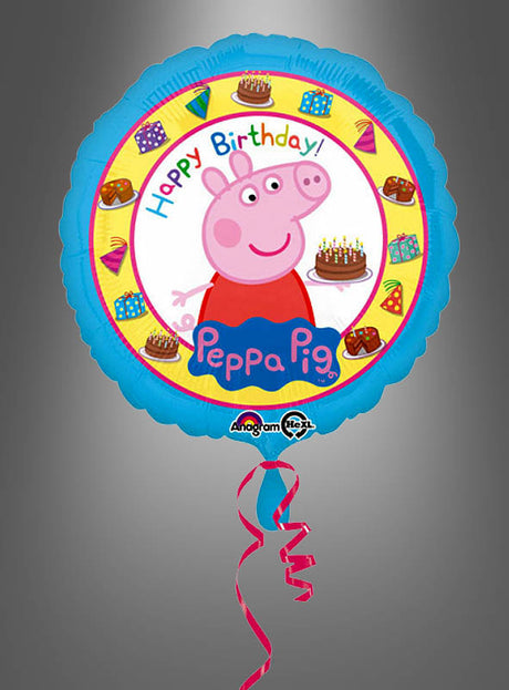 Feiern Sie stilvoll mit dem farbenfrohen Peppa Pig-Folienballon „Happy Birthday“ (43 cm), auf dem in der Mitte Peppa Pig mit einer Geburtstagstorte zu sehen ist, umgeben von Motiven wie Torten und Partyhüten. Dieser runde Ballon ist mit einem blauen Rand verziert und wird durch ein rosa Band abgerundet – perfekt für jede Geburtstagsfeier!.