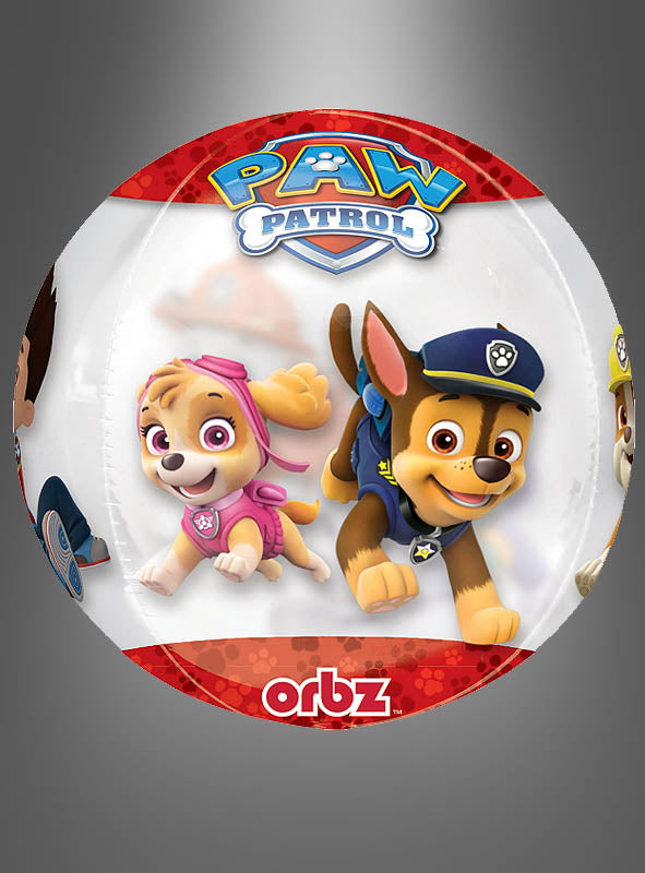 Der Orbz Paw Patrol Folienballon 40 cm ist ein runder Ballon, auf dem Skye und Chase in der Mitte abgebildet sind, darüber das Paw Patrol-Logo auf einem grauen Hintergrund mit Farbverlauf – perfekt als Helium-Highlight für deine Kindergeburtstagsdekoration.