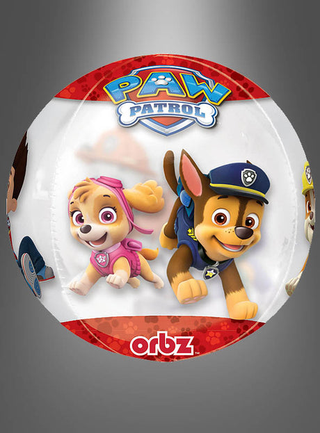 Der Orbz Paw Patrol Folienballon 40 cm ist ein runder Ballon, auf dem Skye und Chase in der Mitte abgebildet sind, darüber das Paw Patrol-Logo auf einem grauen Hintergrund mit Farbverlauf – perfekt als Helium-Highlight für deine Kindergeburtstagsdekoration.