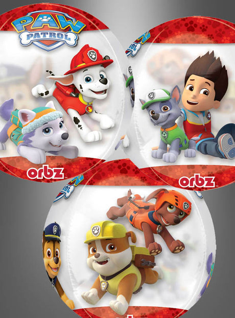 Der runde „Orbz Paw Patrol“-Folienballon (40 cm) mit rotem Rand zeigt die beliebten PAW Patrol-Figuren in ihren Uniformen sowie ihren Anführer – ein idealer Folienballon mit Helium als Blickfang für jede Kindergeburtstagsdekoration.