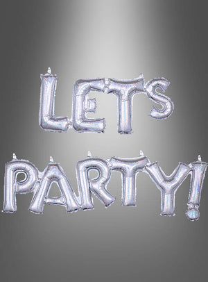 Selbstverständlich! Hier ist eine überarbeitete Version des Satzes, in die die Produktdaten integriert sind: Der Glitzer-Schriftzug „Let’s Party“-Folienballon (136 x 22 cm) zeigt den Schriftzug „LET’S PARTY!“ in schimmernden silbernen Folienbuchstaben vor einem grauen Hintergrund mit Farbverlauf und sorgt so für einen auffälligen Party-Deko-Effekt.